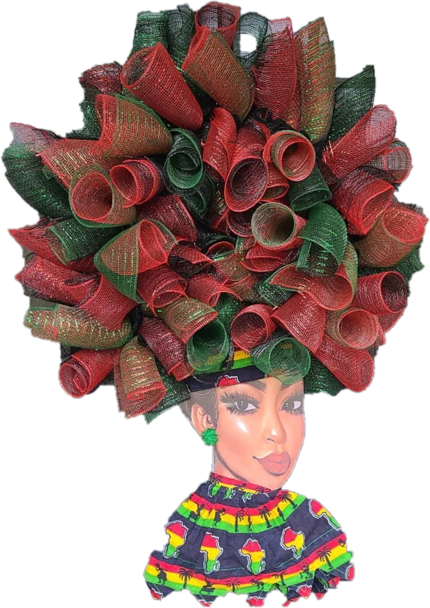 Portrait door wreath with red and green mesh curls and a printed collar