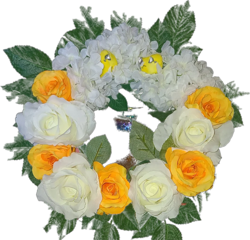 Wreath of yellow and white roses with white hydrangeas and two small yellow birds